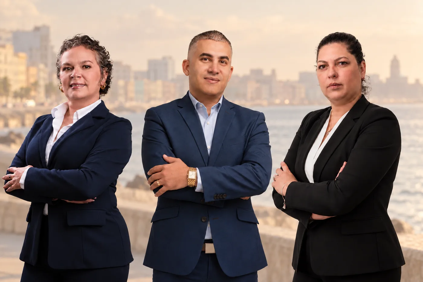 Equipo de A&M Contigo: Yudelmis García Rifa, Alfredo Pedro Alonso y Lisbeth Cabot Ronquillo, con el Malecón de La Habana al fondo